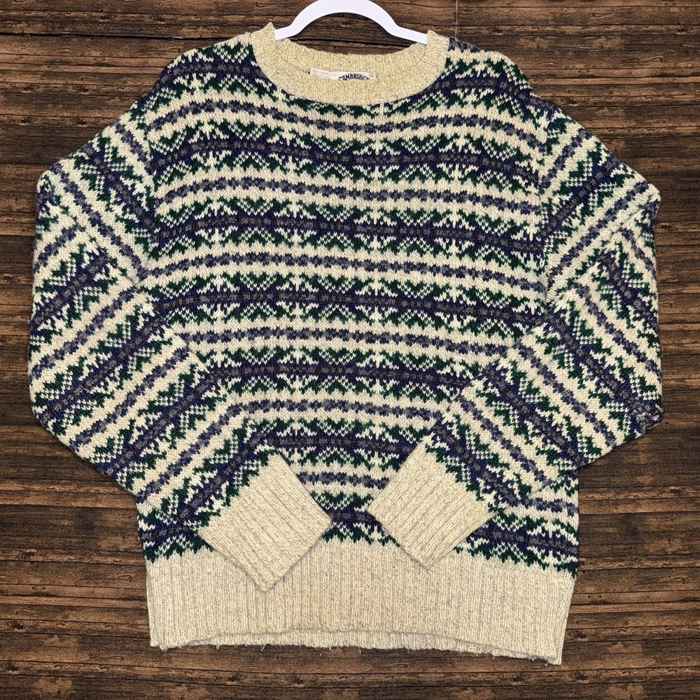 Cambridge Dry Goods Sweater Mens Large Green Wool Blend Fair Isle Knit Pullover